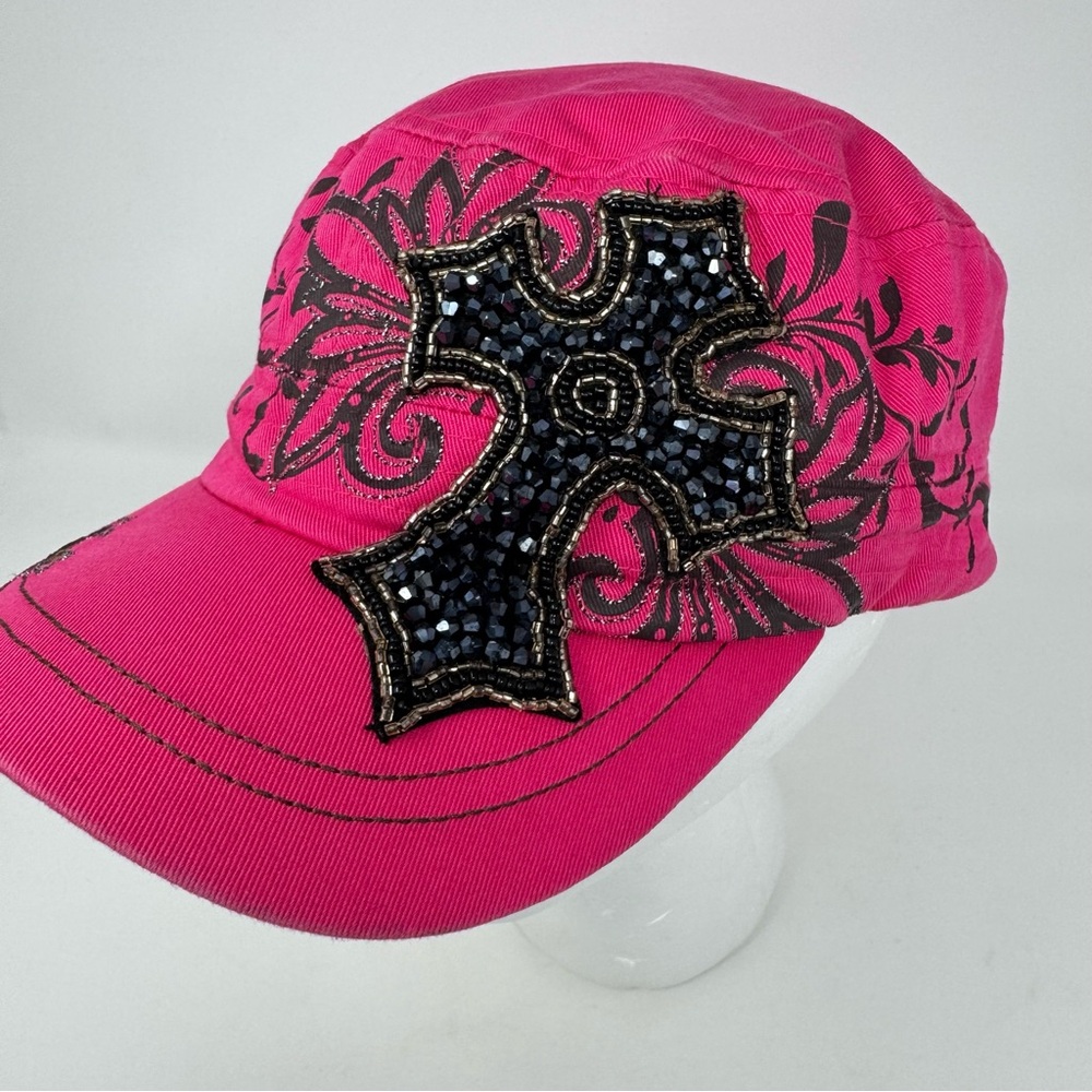 KBethos Women's Pink Bling Cadet Cap with Black Rhinestone Cross Embellishment